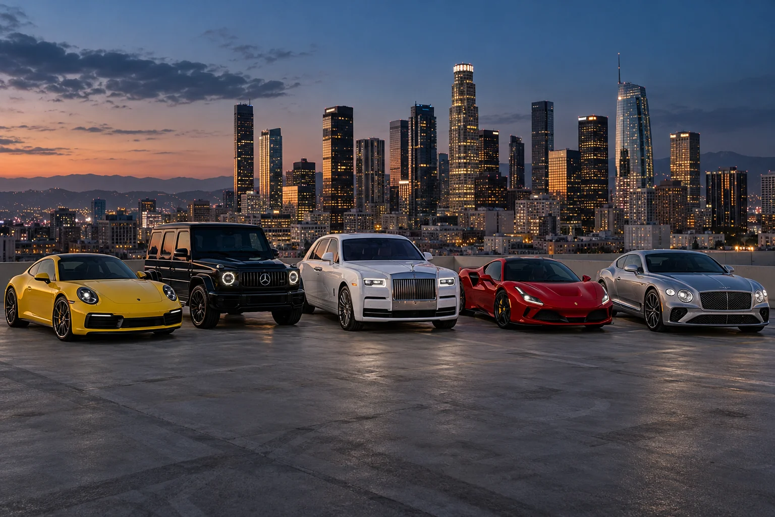 Five luxury and exotic cars against the Downtown Los Angeles skyline — digitally created campaign image